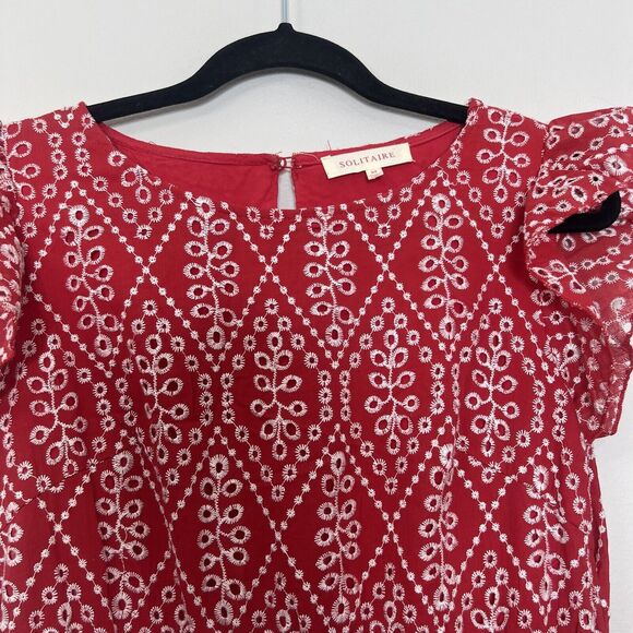 Solitaire Dress Women's Medium Red Midi Eye-lit Embroidered Lined Fit & Flare - Picture 2 of 11